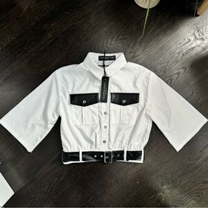 Maniere De Voir White and Black Button-Up Shirt with Belt